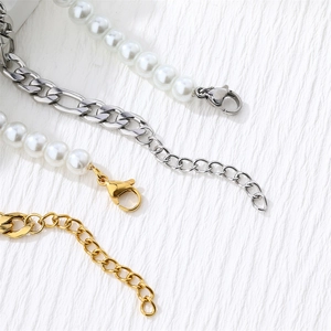 Titanium steel cuban chain bracelet with white pearls and adjustable lobster clasp