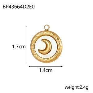 Detail showing dimensions of gold moon pendant with white shell inlay, size 1.7x1.4cm