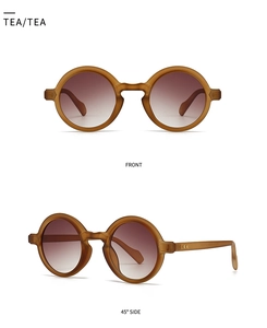 Front and 45-degree side views of retro round sunglasses with tea colored gradient lenses