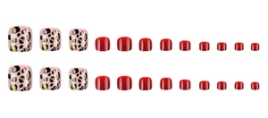 Detailed set of 20 press-on toenails featuring red polish and pink leopard print patterns