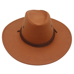 Detail of western cowboy hat featuring brown felt texture and braided rope band