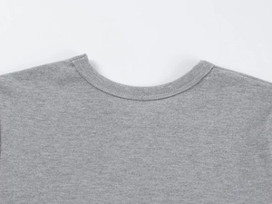 Close-up of the grey crew neck and fine modal knit fabric on this slim fit t-shirt
