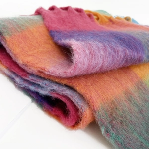 Soft checkered mohair scarf with colorful patchwork knit design for winter warmth