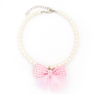 Elegant pearl pet necklace with a double-layered pink bow pendant and lobster clasp