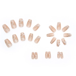 Pink marble press-on nails with elegant pearl embellishments in a full set for women