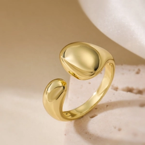 Minimalist Open Ring 18K Gold Plated Copper Geometric Water Drop Shape Smooth Polish Adjustable For Women