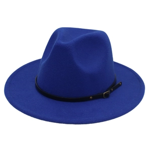 Detail of navy blue wool fedora with a black leather belt and metal buckle accent