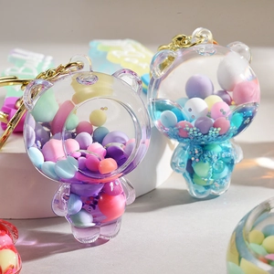 Cute Transparent Bear Keychain With Liquid Floating Glitter Quicksand Colorful Beads Bag Charm Acrylic Plastic Cartoon