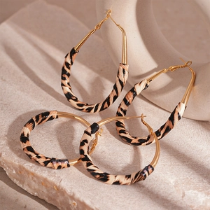 Boucles D'oreilles Créoles Imprimé Léopard Vintage Cuir Fer Bijoux Géométriques Avec Tige En Argent Sterling 925