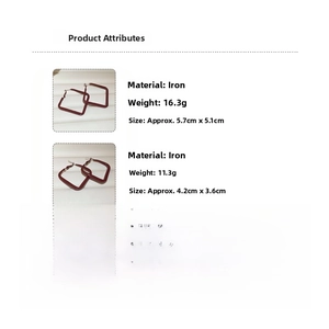 Detail view of red geometric square hoop earrings with weight and size specifications