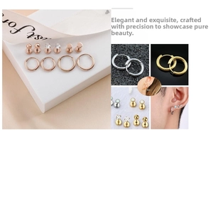 Close-up of a 10-piece geometric earring set with rose gold hoops and zircon studs