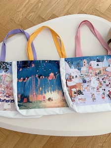 Sac Fourre-tout Toile Femmes Grande Capacité Illustration Dessin Animé Dessiné Main Sac À Épaule Artistique Quotidien