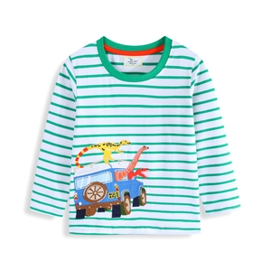 Maglietta A Maniche Lunghe Per Bambini Cotone Pettinato Righe Verdi E Bianche Ricamo Dinosauro Cartone Animato Girocollo