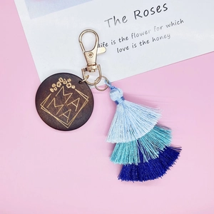 Bohemian MAMA wooden keychain with triple blue gradient tassels for Mother's Day gift