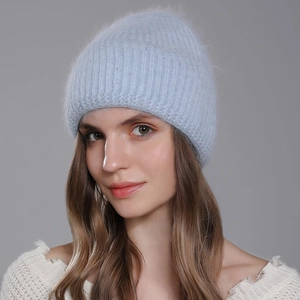 Warm light blue angora rabbit fur beanie hat for women winter fashion