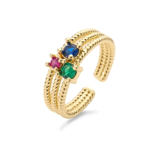 Adjustable gold rope ring featuring blue pink and green cubic zirconia stones