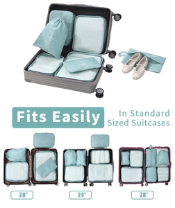 7-piece travel organizer set size comparison for 20, 24, and 28 inch luggage cases
