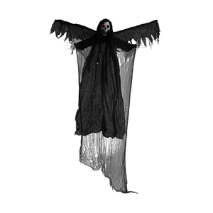 Hanging Halloween skeleton ghost decoration with glowing red eyes and black mesh robes