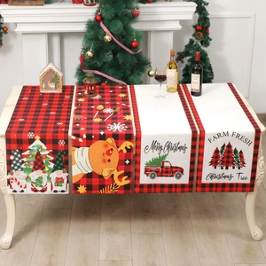 Christmas Table Runner Buffalo Plaid Short Plush Fabric Gnome Reindeer Red Truck Pattern Festive Holiday Dining Decoration