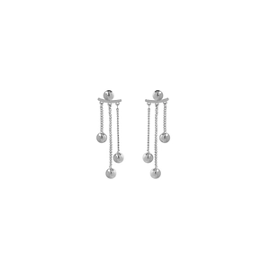 Elegant silver metal ball tassel earrings with polished finish on a white background