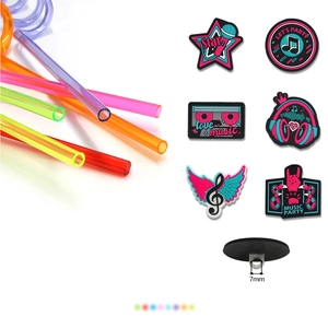 Reusable 80s music theme colorful spiral PET straws with retro icons and 7mm diameter