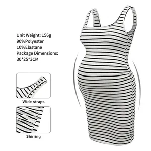 Striped Sleeveless Maternity Dress Ribbed Side Shirring Belly Support Bodycon Pregnancy Casual Wear