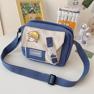 Shoulder Crossbody Bag Japanese Ins Style Nylon Canvas Color Block Cartoon Pin Small Square Purse For Women Student