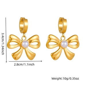 Detailed size chart for gold bow earrings with pearls, showing dimensions and weight info