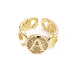 Adjustable golden copper alloy ring featuring letter A design with zircon inlay