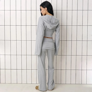 Women's 2-piece grey tracksuit with cropped hoodie and wide leg pants back view