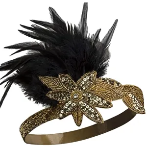 Vintage Gatsby Style Flapper Headband Feather Rhinestone Crystal Beads Elastic Hair Accessory For Wedding Party