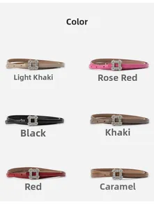 Detailed flat lay of thin leather belts in six colors with rhinestone square buckles
