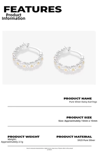 Macro detail of S925 sterling silver daisy hoop earrings with product dimensions