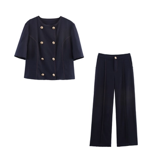 Women Short Sleeve Top And Straight Leg Trousers Polyester Double Breasted Gold Button Office Lady Elegant Commute