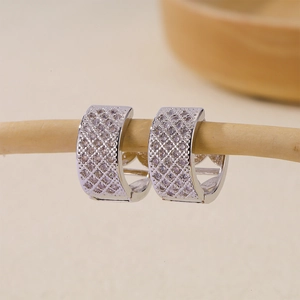 Close-up of silver hoop earrings with diamond-patterned zircons on a wooden branch
