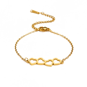 Elegant gold titanium steel bracelet featuring four hollow heart pendants with adjustable chain