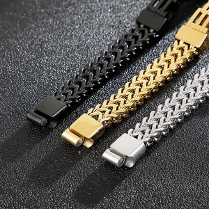 Mens stainless steel braided mesh bracelets in black, gold, and silver with magnetic clasps