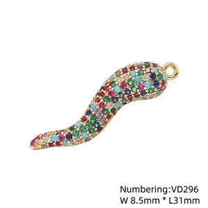 Colorful S-shaped chili pendant in gold finish with multi-colored cubic zirconia stones
