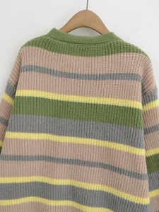 Detail of colorful striped knit sweater showing ribbed neckline and vibrant texture