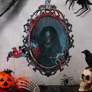 Adesivo murale 3D Halloween con ragazza fantasma spaventosa, zucche e teschi decorativi