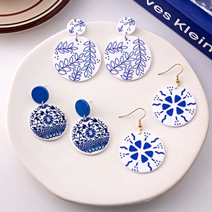 Three pairs of vintage blue and white porcelain pattern acrylic earrings set for women