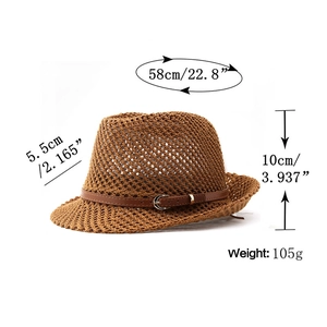 Detailed size specifications for a woven straw jazz hat with leather belt and metal buckle