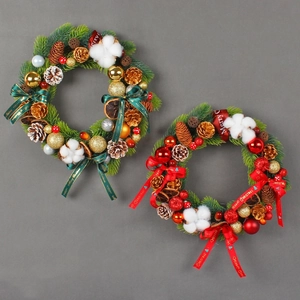 Artificial Christmas Wreath Decoration With Pine Needles Pine Cones Cotton Dried Fruit Gold Red Balls For Front Door Wall Window