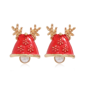 Boucles d'oreilles cloches de Noël avec bois dorés et pendentif perle blanche