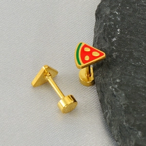 Golden stainless steel watermelon stud earrings with colorful enamel detail in a set