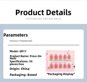 Detail view of pink French almond press-on nail kit GD17 with 30 pieces in box