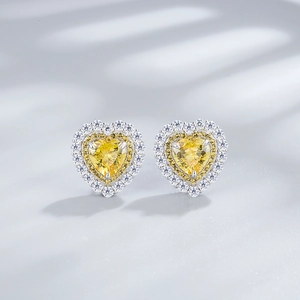 S925 sterling silver heart stud earrings featuring yellow carbon diamond and halo crystals