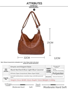 Detail view of caramel PU leather bag dimensions 32x25x12cm with internal structure specs