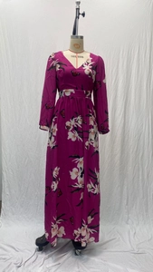 Détail de robe longue violette à manches longues avec imprimé floral et col en V profond