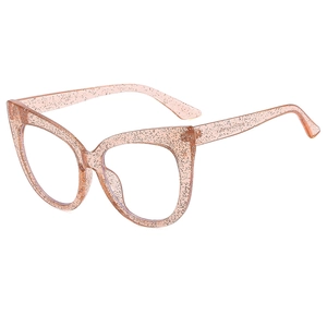 Pink cat-eye eyeglasses frame with sparkling glitter and anti-blue light clear lenses